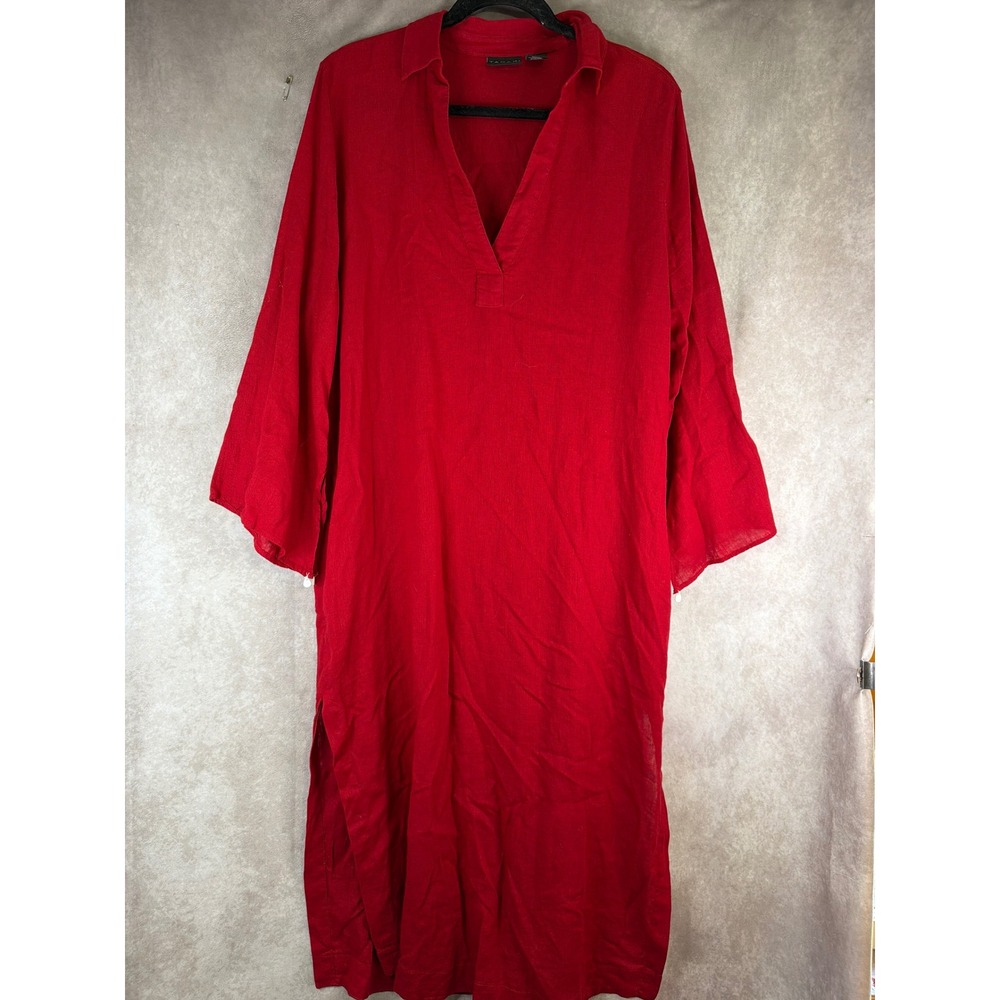Tahari Kaftan Dress Women Large Red Linen Blend V-Neck Side Slit Midi Popover